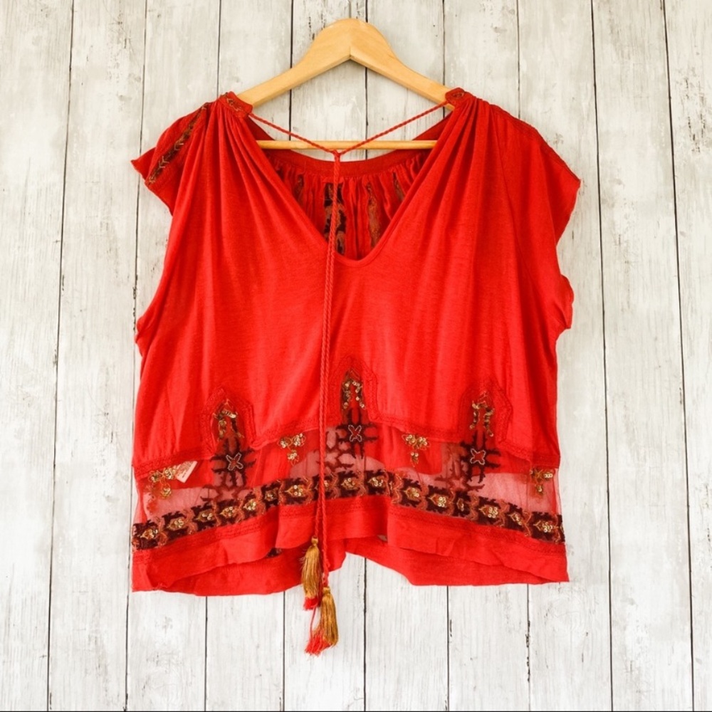 Free People Red Embroidered Sequin Sheer Panel Peasant Blouse Top w/Back Tassels - Picture 8 of 15